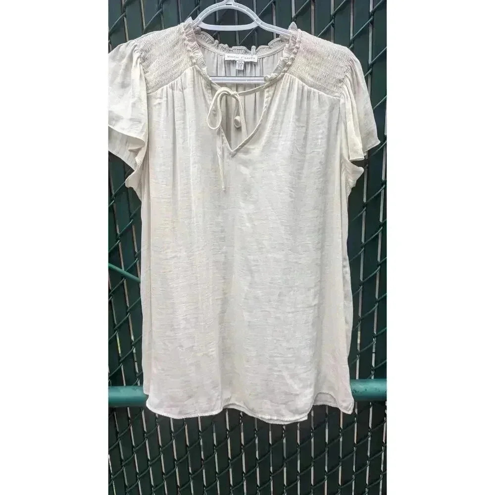 Women's short sleeve cream top w/ ruffle collar & tie by Maison d'Amélie, size M